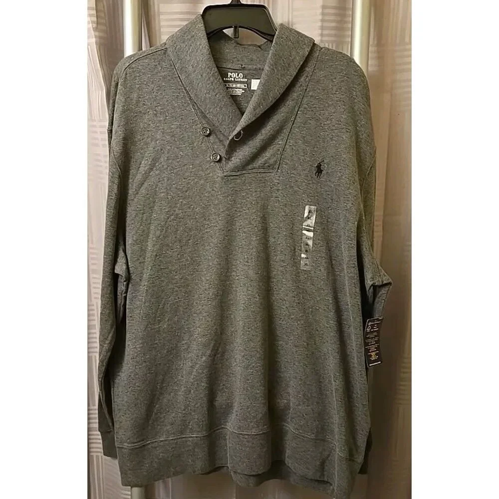 NWT POLO RALPH LAUREN Gray COTTON Blend SHAWL-COLLAR Men's Pullover‎ Sweater XL